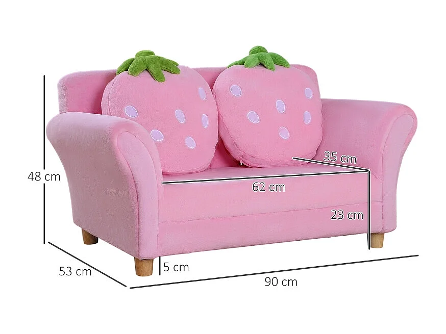 Canapé 2 places rose - Canapé enfant avec 2 coussins et accoudoirs motif fraise