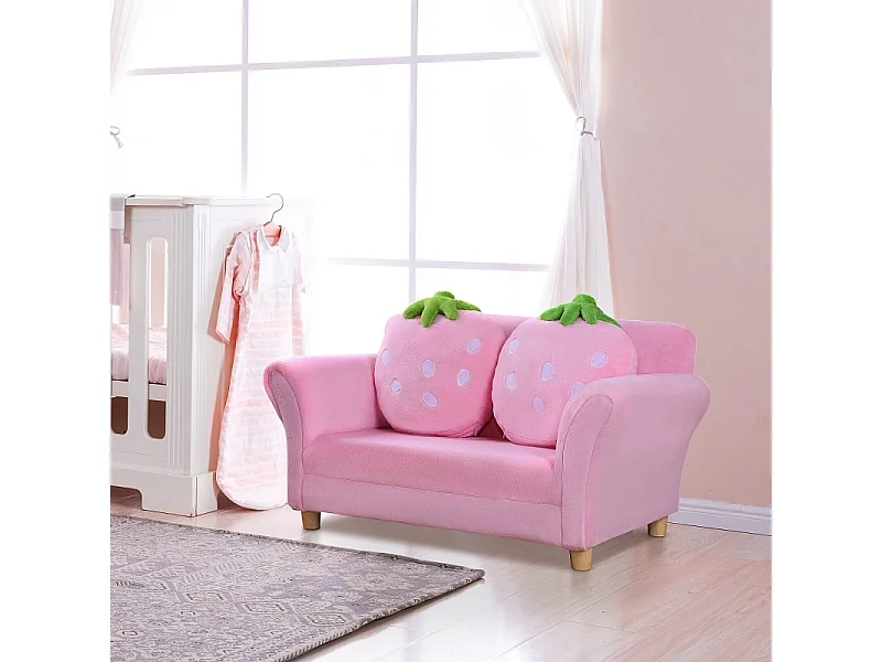 Canapé 2 places rose - Canapé enfant avec 2 coussins et accoudoirs motif fraise