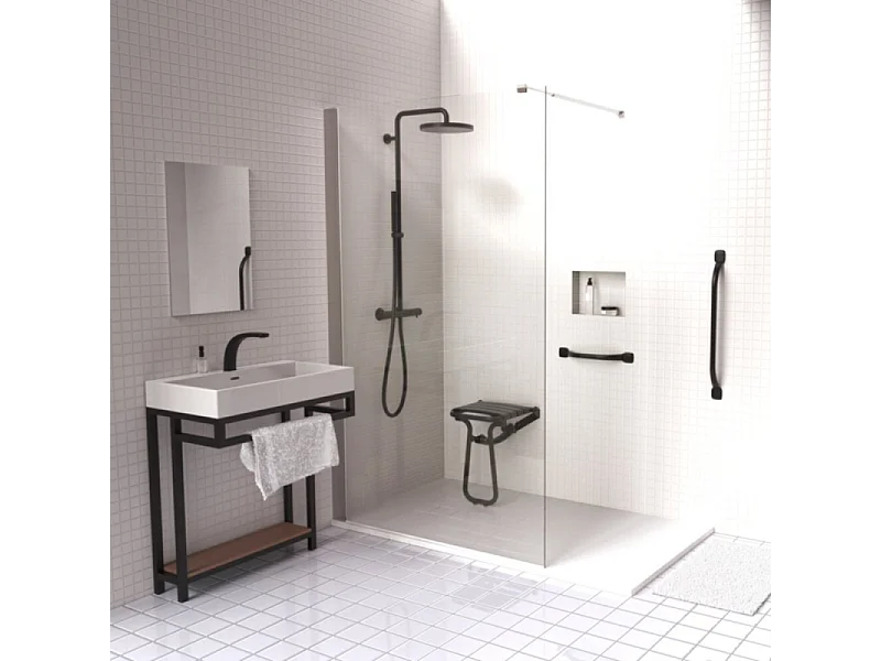 Siège de douche PMR PELLET Essentiel confort escamotable avec pied aluminium époxy noir