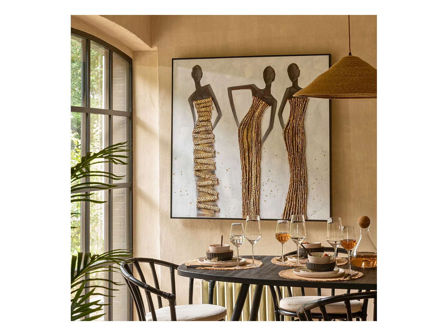 Lámpara colgante de techo con forma de sombrero en junco