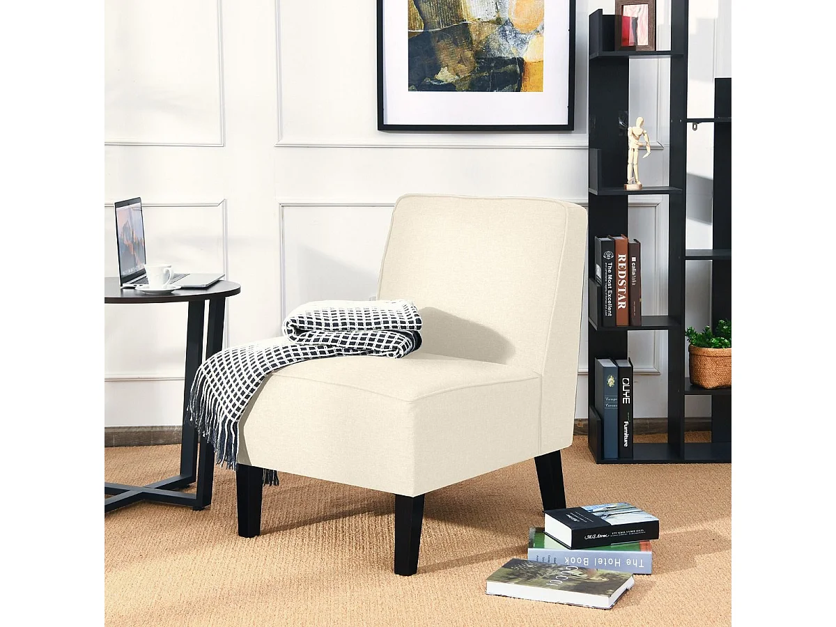 Chaise d'Appoint Rembourrée Fauteuil Simple en Tissu de Lin Chaise de Loisirs Sans Accoudoirs Coussin en Éponge Épais pour Salon Chambre Beige