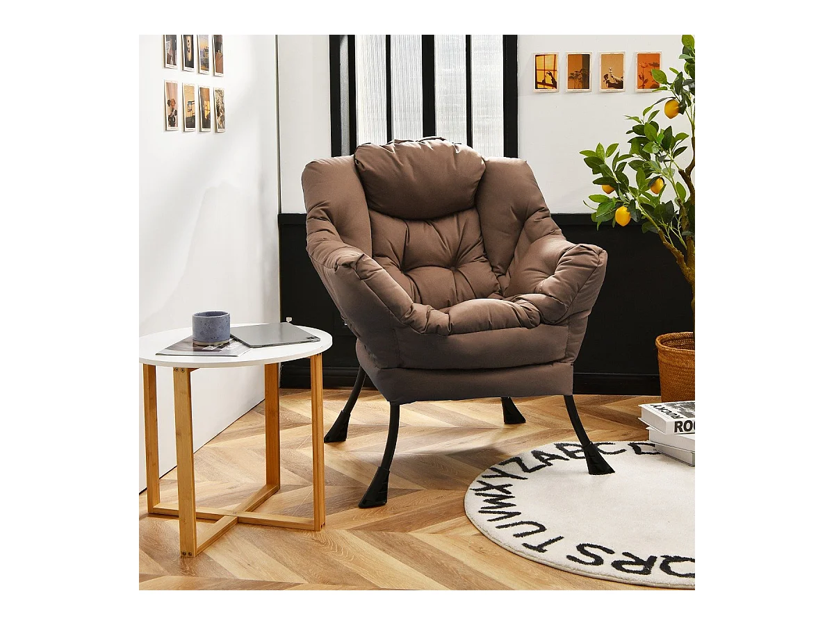 Chaise Paresseuse Moderne en Tissu Polyester Chaise de Salon Contemporaine avec Cadre Métallique Fauteuil Simple Rembourré Café