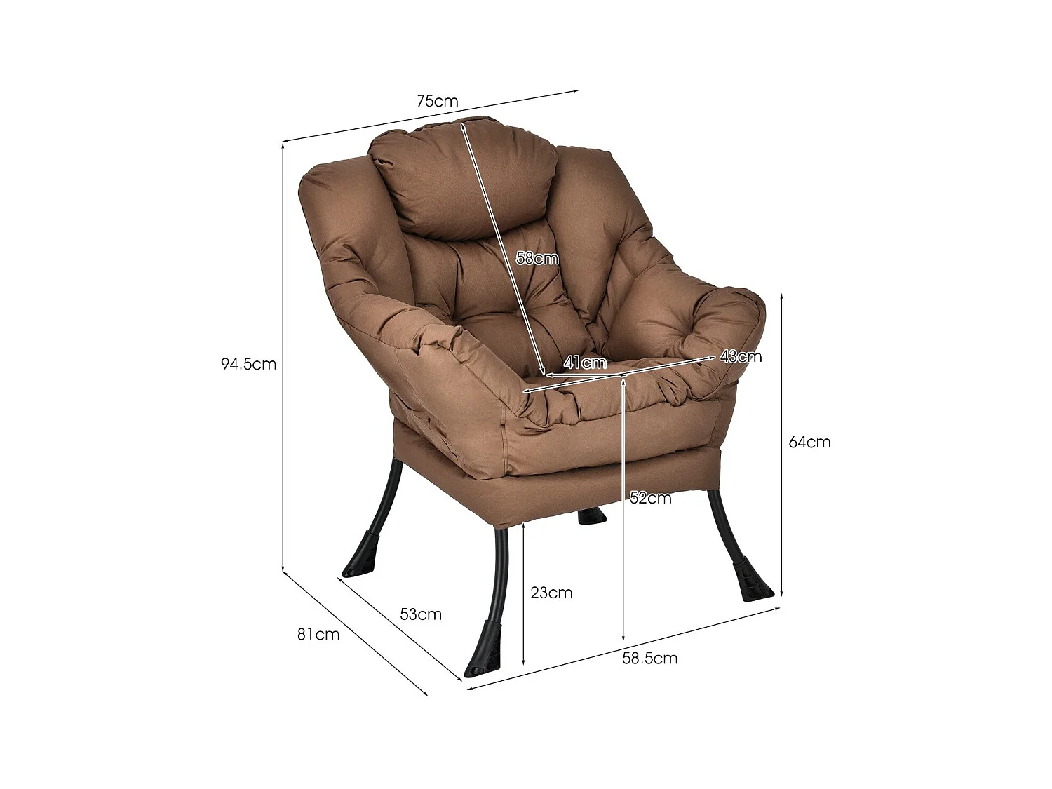 Chaise Paresseuse Moderne en Tissu Polyester Chaise de Salon Contemporaine avec Cadre Métallique Fauteuil Simple Rembourré Café