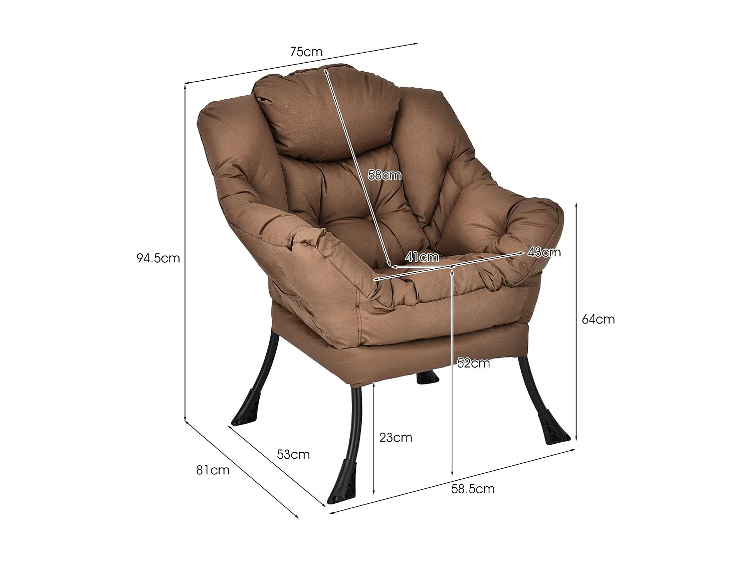 Chaise Paresseuse Moderne en Tissu Polyester Chaise de Salon Contemporaine avec Cadre Métallique Fauteuil Simple Rembourré Café