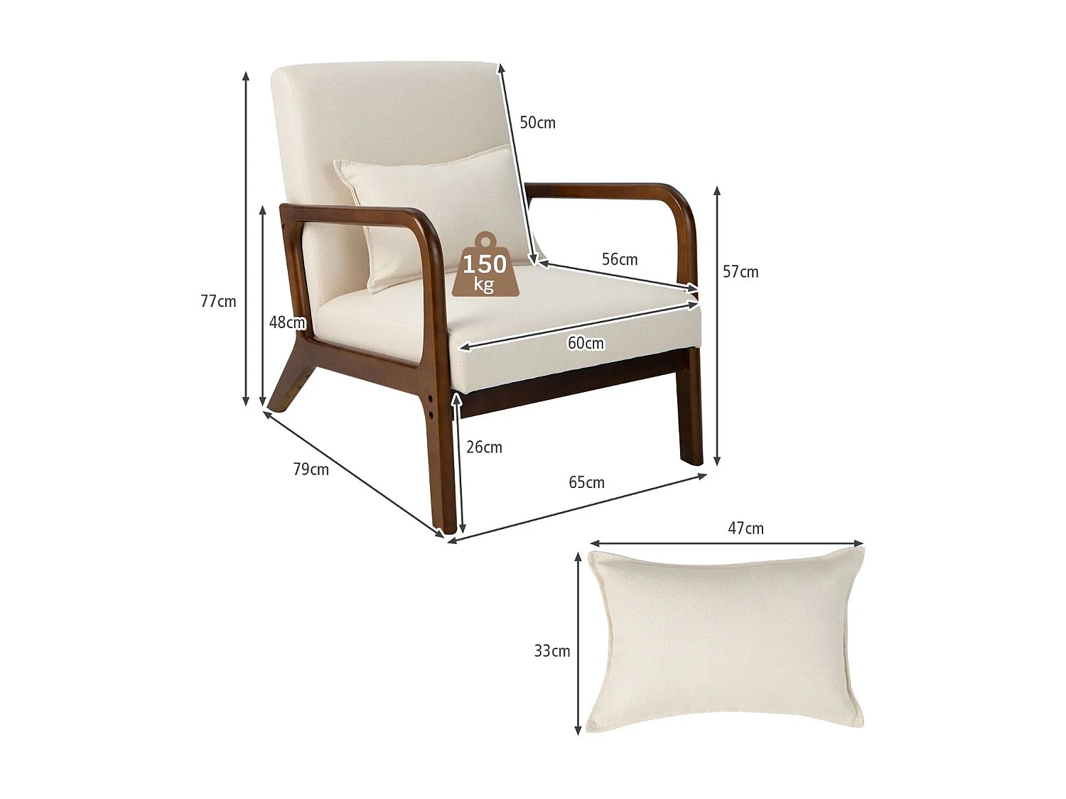 Chaise d'Appoint Moderne en Bois de Caoutchouc Chaise de Loisirs avec Coussin Lombaire Patins Antidérapants Beige