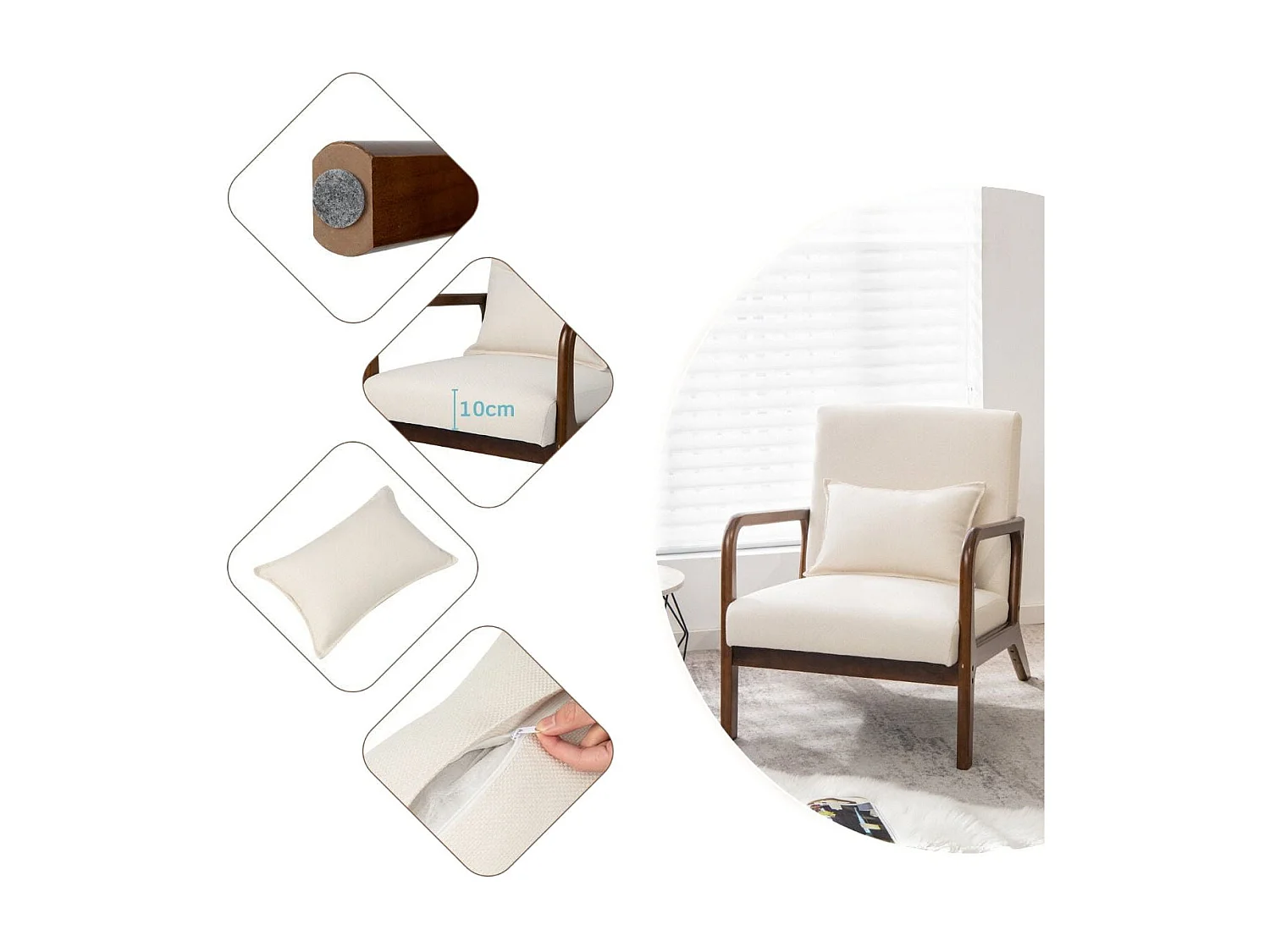 Chaise d'Appoint Moderne en Bois de Caoutchouc Chaise de Loisirs avec Coussin Lombaire Patins Antidérapants Beige