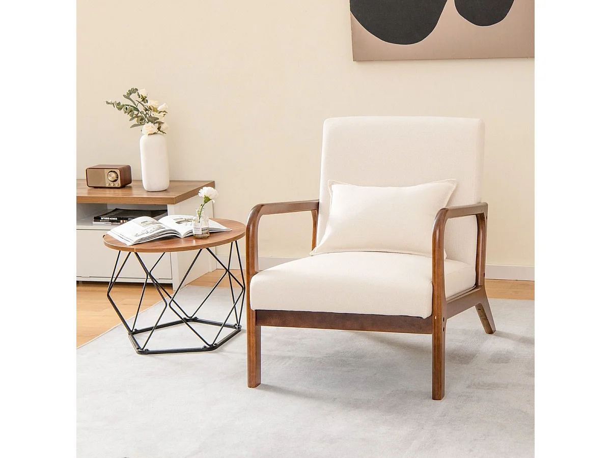 Chaise d'Appoint Moderne en Bois de Caoutchouc Chaise de Loisirs avec Coussin Lombaire Patins Antidérapants Beige