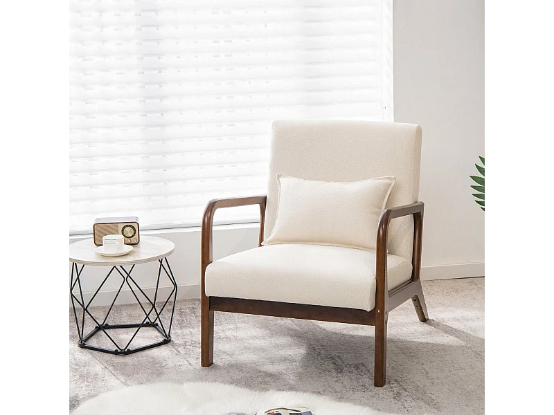 Poltrona imbottita con cuscino lombare e telaio in legno di gomma, Poltrona lounge con piedini antiscivolo Beige