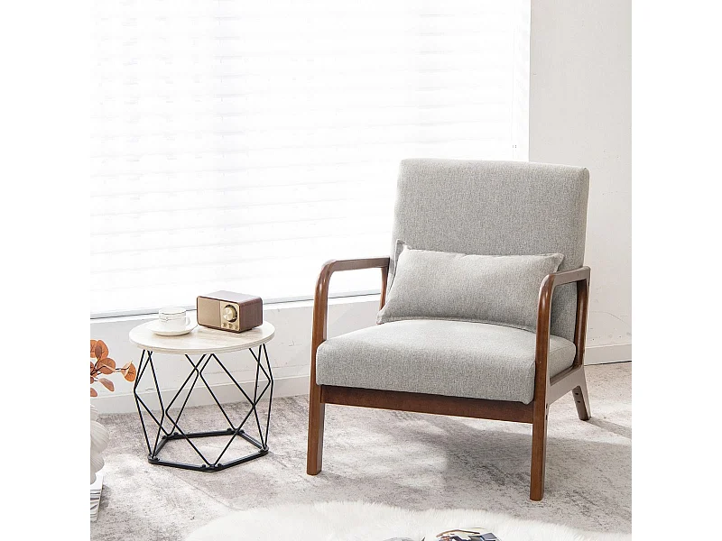 Chaise d'Appoint Moderne en Bois de Caoutchouc Chaise de Loisirs avec Coussin Lombaire Patins Antidérapants Gris