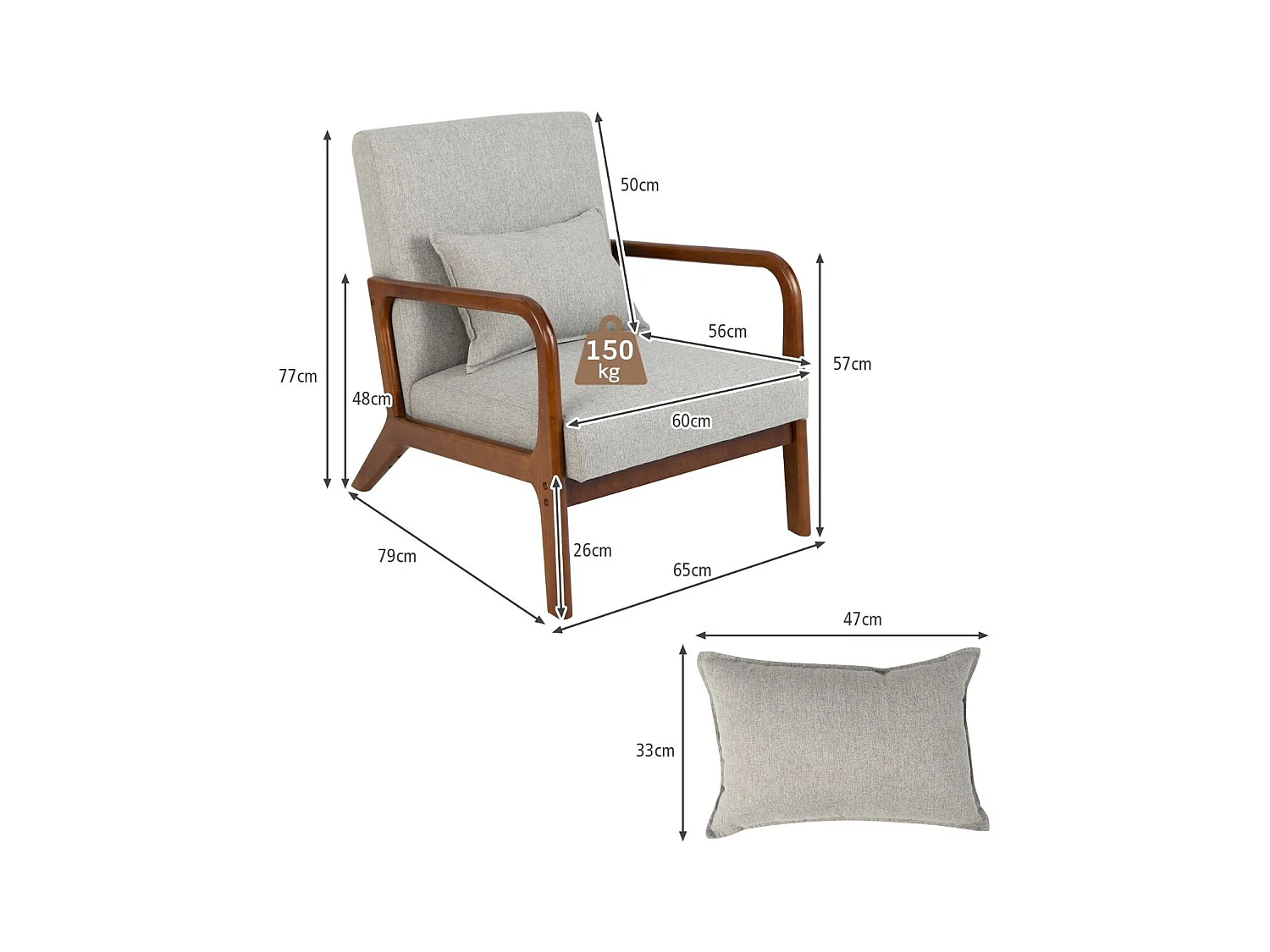 Sessel Wohnzimmer Loungesessel gepolstert Moderner Akzentstuhl Holz mit Armlehnen 65 x 79 x 77 cm Grau