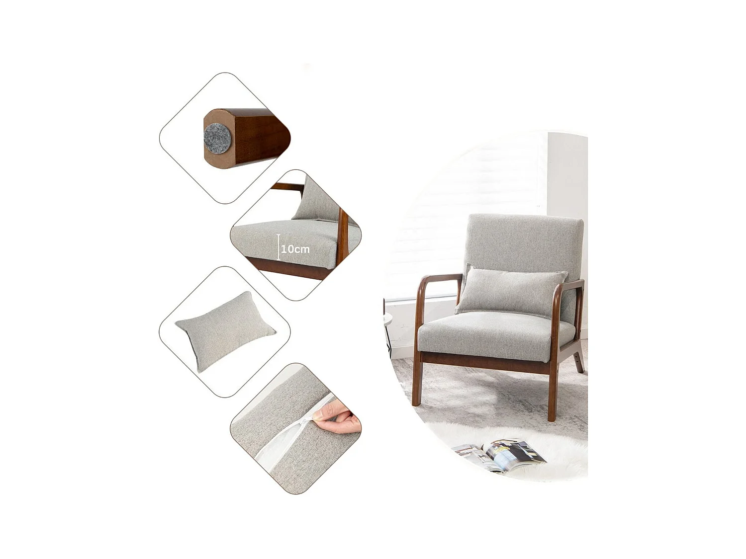 Sessel Wohnzimmer Loungesessel gepolstert Moderner Akzentstuhl Holz mit Armlehnen 65 x 79 x 77 cm Grau