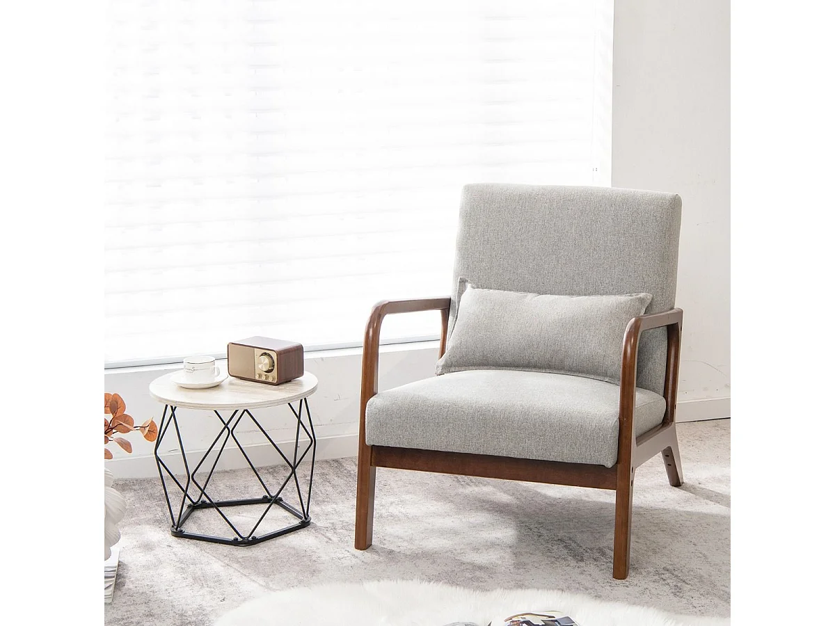 Chaise d'Appoint Moderne en Bois de Caoutchouc Chaise de Loisirs avec Coussin Lombaire Patins Antidérapants Gris