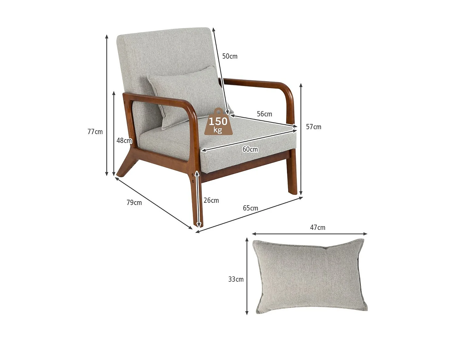 Chaise d'Appoint Moderne en Bois de Caoutchouc Chaise de Loisirs avec Coussin Lombaire Patins Antidérapants Gris