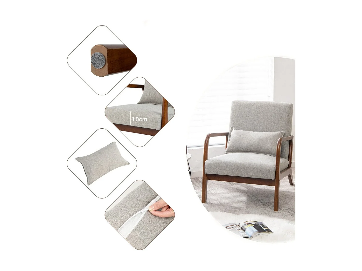 Chaise d'Appoint Moderne en Bois de Caoutchouc Chaise de Loisirs avec Coussin Lombaire Patins Antidérapants Gris