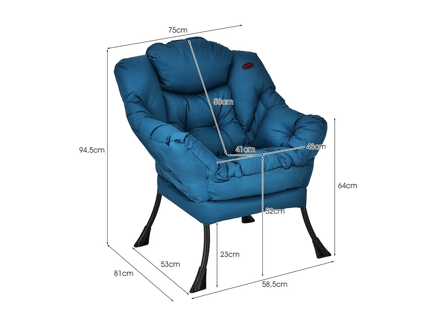 Chaise Paresseuse Moderne en Tissu Polyester Chaise de Salon Contemporaine avec Cadre Métallique Fauteuil Simple Rembourré Bleu