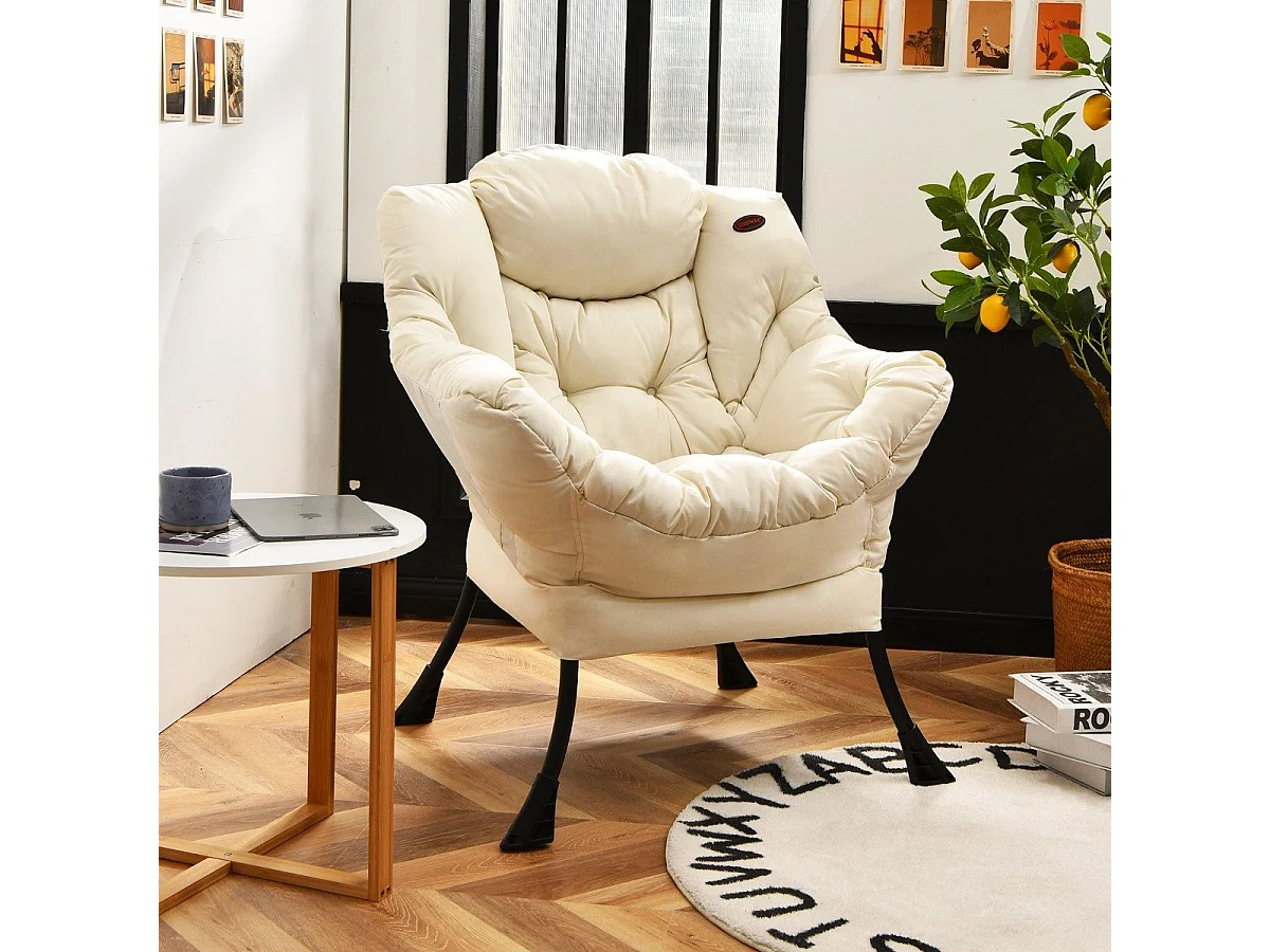 Poltrona in tessuto di poliestere moderno con struttura in metallo, Divano imbottito con braccioli e tasca laterale Beige