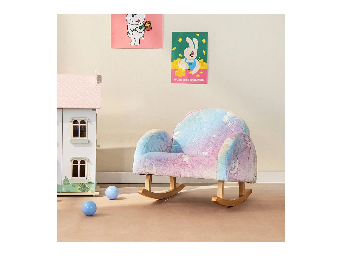 Chaise à Bascule pour Enfants Fauteuil Rembourré en Flanelle avec Pieds à Bascule en Bois de Peuplier Motifs Lumineux Dossier Courbé