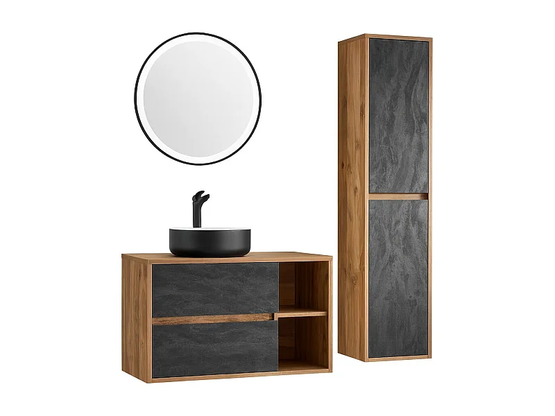 Ensemble de salle de bain GABI – Meuble sous vasque 100 cm + vasque ronde + miroir LED + colonne