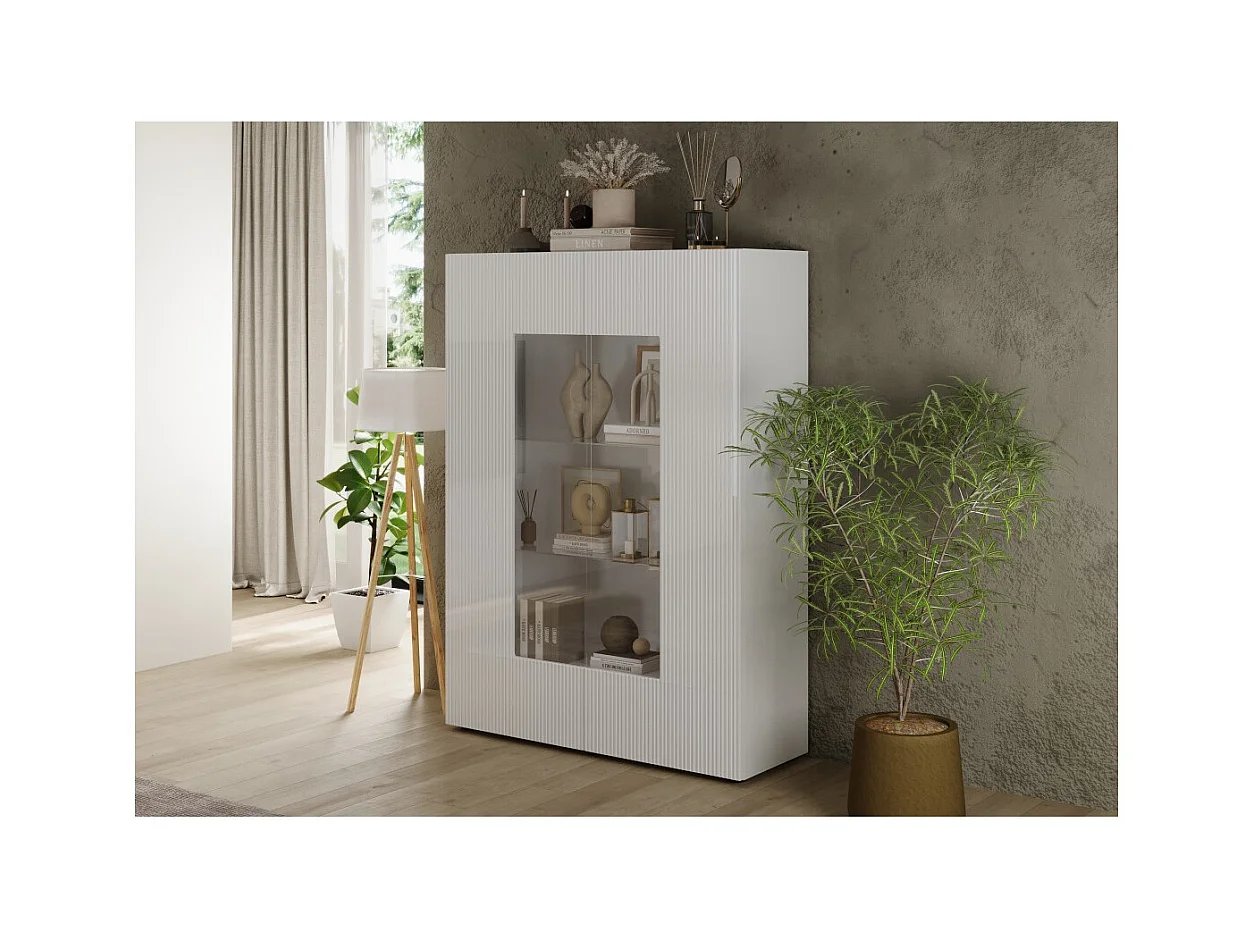 Vitrine SCENA – L121 x H166 x P42 cm – 2 portes – Blanc laqué brillant