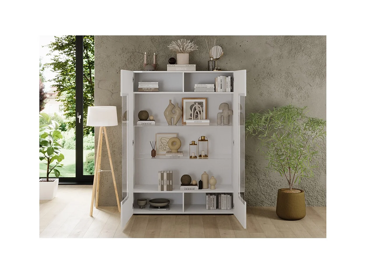 Vitrine SCENA – L121 x H166 x P42 cm – 2 portes – Blanc laqué brillant