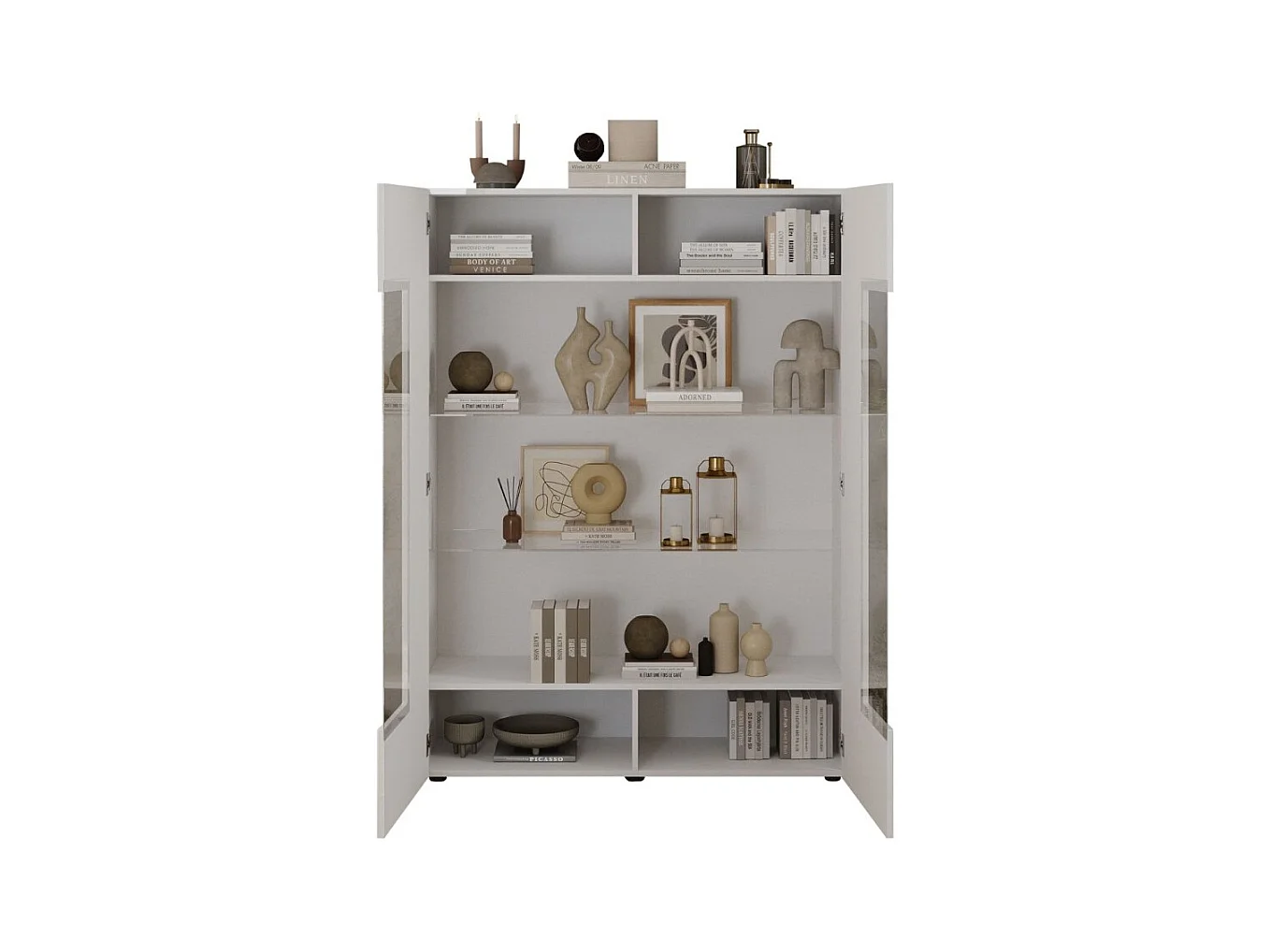 Vitrine SCENA – L121 x H166 x P42 cm – 2 portes – Blanc laqué brillant