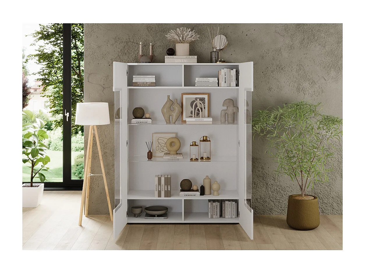 Vitrina SCENA – L121 x H166 x P42 cm – 2 puertas – Blanco lacado brillante