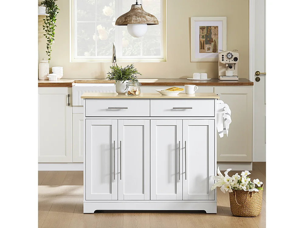 SoBuy chariot de cuisine à roulettes avec plan de travail extensible, 2 tiroirs et étagères réglables, blanc, L113 x P91 x H44-69 cm