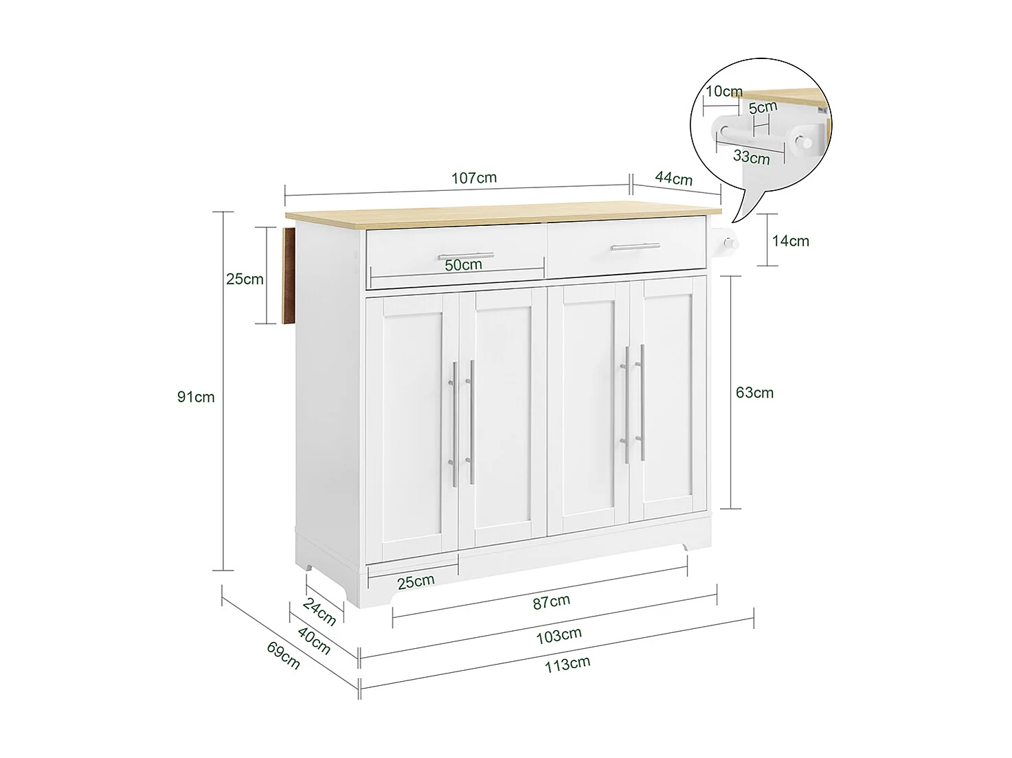 SoBuy chariot de cuisine à roulettes avec plan de travail extensible, 2 tiroirs et étagères réglables, blanc, L113 x P91 x H44-69 cm