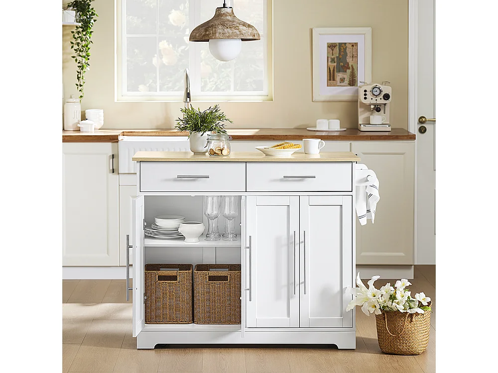 SoBuy chariot de cuisine à roulettes avec plan de travail extensible, 2 tiroirs et étagères réglables, blanc, L113 x P91 x H44-69 cm