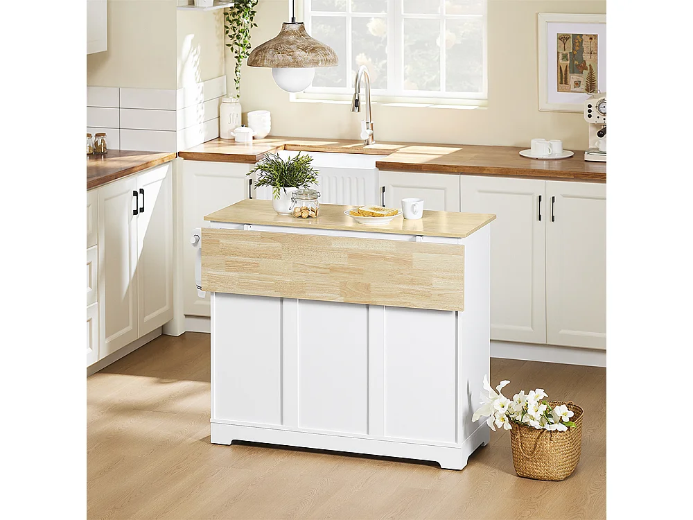 SoBuy chariot de cuisine à roulettes avec plan de travail extensible, 2 tiroirs et étagères réglables, blanc, L113 x P91 x H44-69 cm