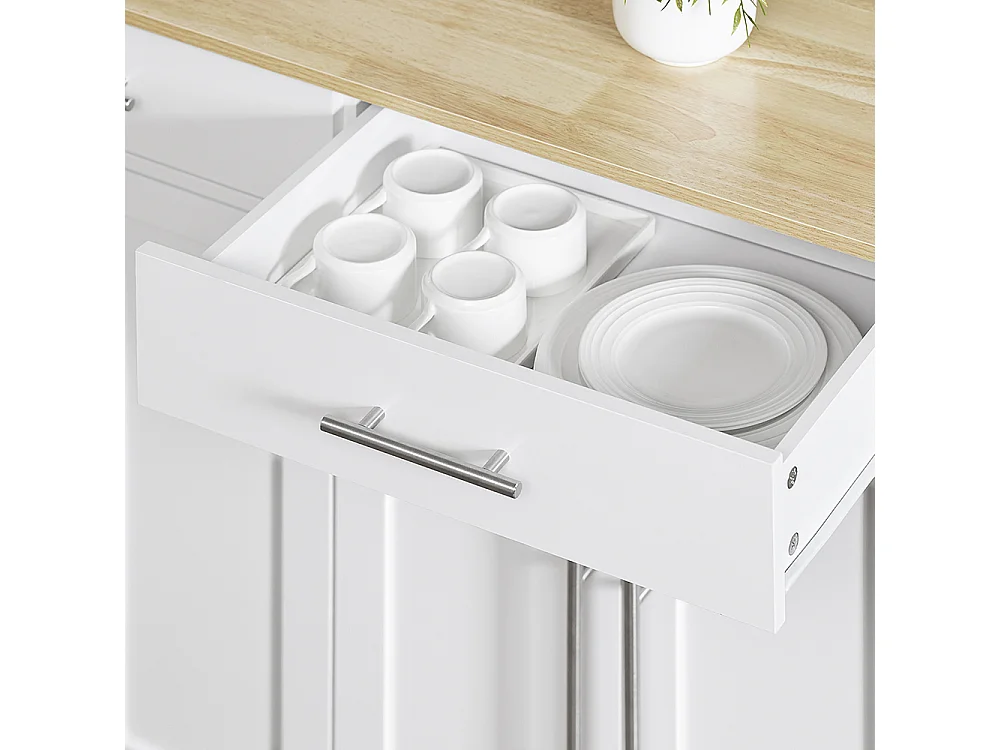 SoBuy chariot de cuisine à roulettes avec plan de travail extensible, 2 tiroirs et étagères réglables, blanc, L113 x P91 x H44-69 cm