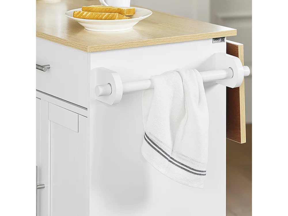 SoBuy chariot de cuisine à roulettes avec plan de travail extensible, 2 tiroirs et étagères réglables, blanc, L113 x P91 x H44-69 cm