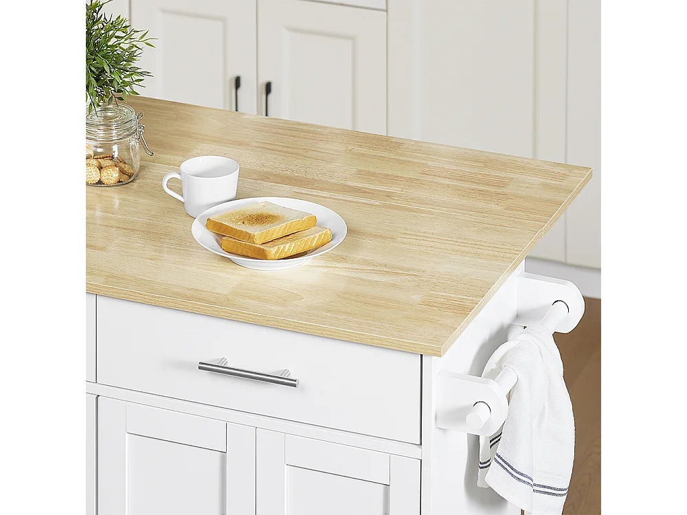 SoBuy chariot de cuisine à roulettes avec plan de travail extensible, 2 tiroirs et étagères réglables, blanc, L113 x P91 x H44-69 cm