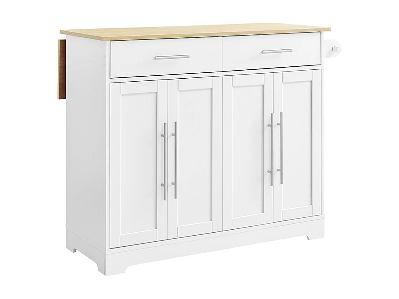 SoBuy chariot de cuisine à roulettes avec plan de travail extensible, 2 tiroirs et étagères réglables, blanc, L113 x P91 x H44-69 cm