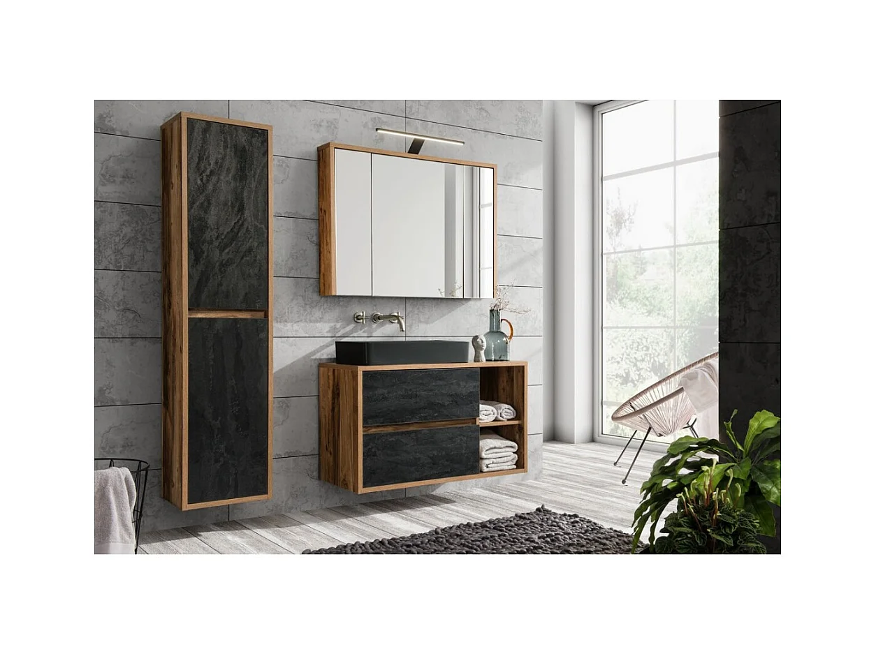 Conjunto para banheiro GABI - Móvel sob a pia de 100 cm + pia retangular preta + armário com espelho LED + coluna