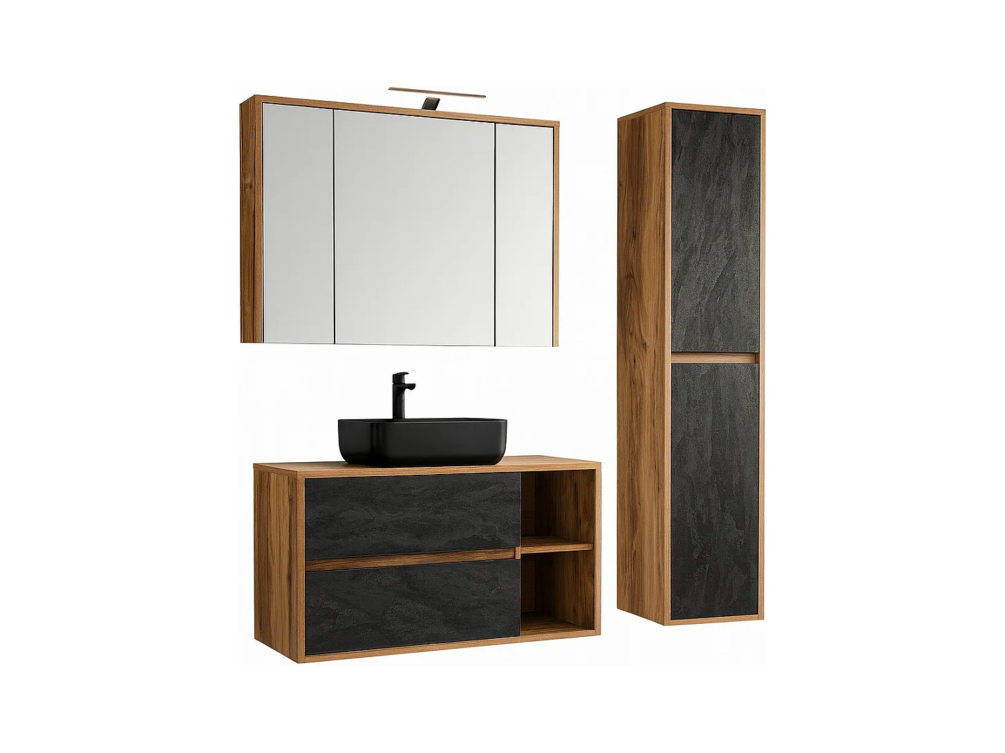 Ensemble de salle de bain GABI – Meuble sous vasque 100 cm + vasque rectangulaire noire + armoire miroir LED + colonne