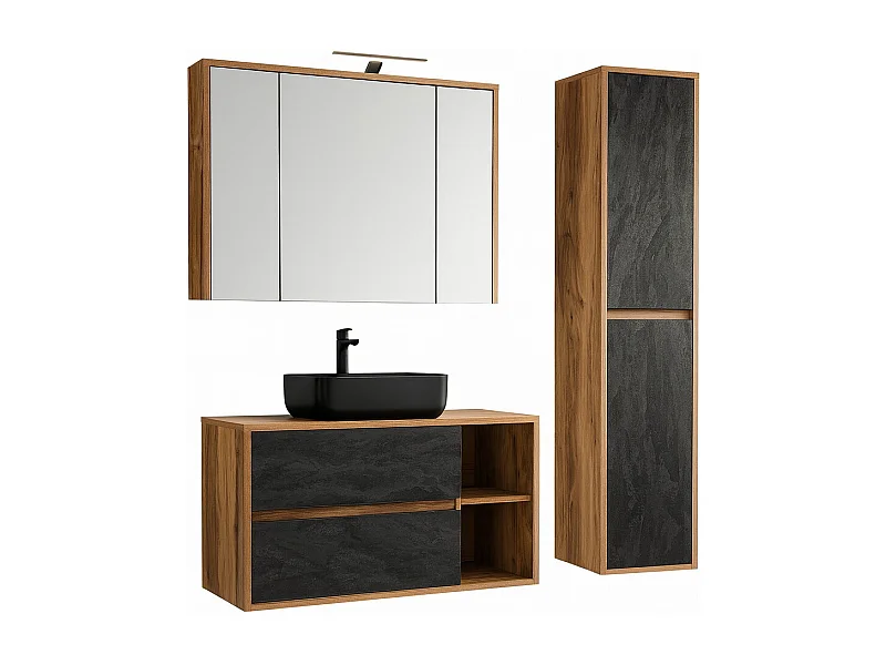 Conjunto para banheiro GABI - Móvel sob a pia de 100 cm + pia retangular preta + armário com espelho LED + coluna