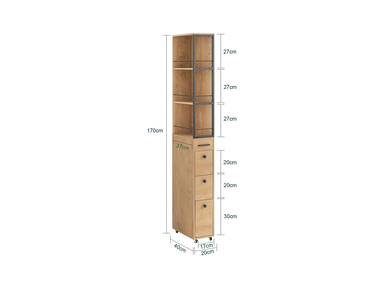 SoBuy Meuble Colonne Armoire Haute Rangement Étroit avec Roulettes 3 Étages 3 Tiroirs