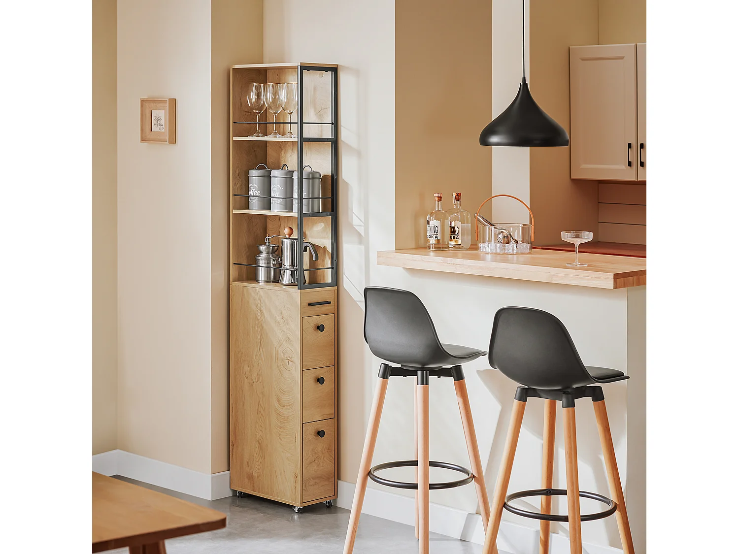 SoBuy Meuble Colonne Armoire Haute Rangement Étroit avec Roulettes 3 Étages 3 Tiroirs