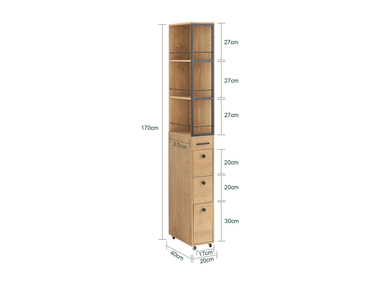 SoBuy Meuble Colonne Armoire Haute Rangement Étroit avec Roulettes 3 Étages 3 Tiroirs