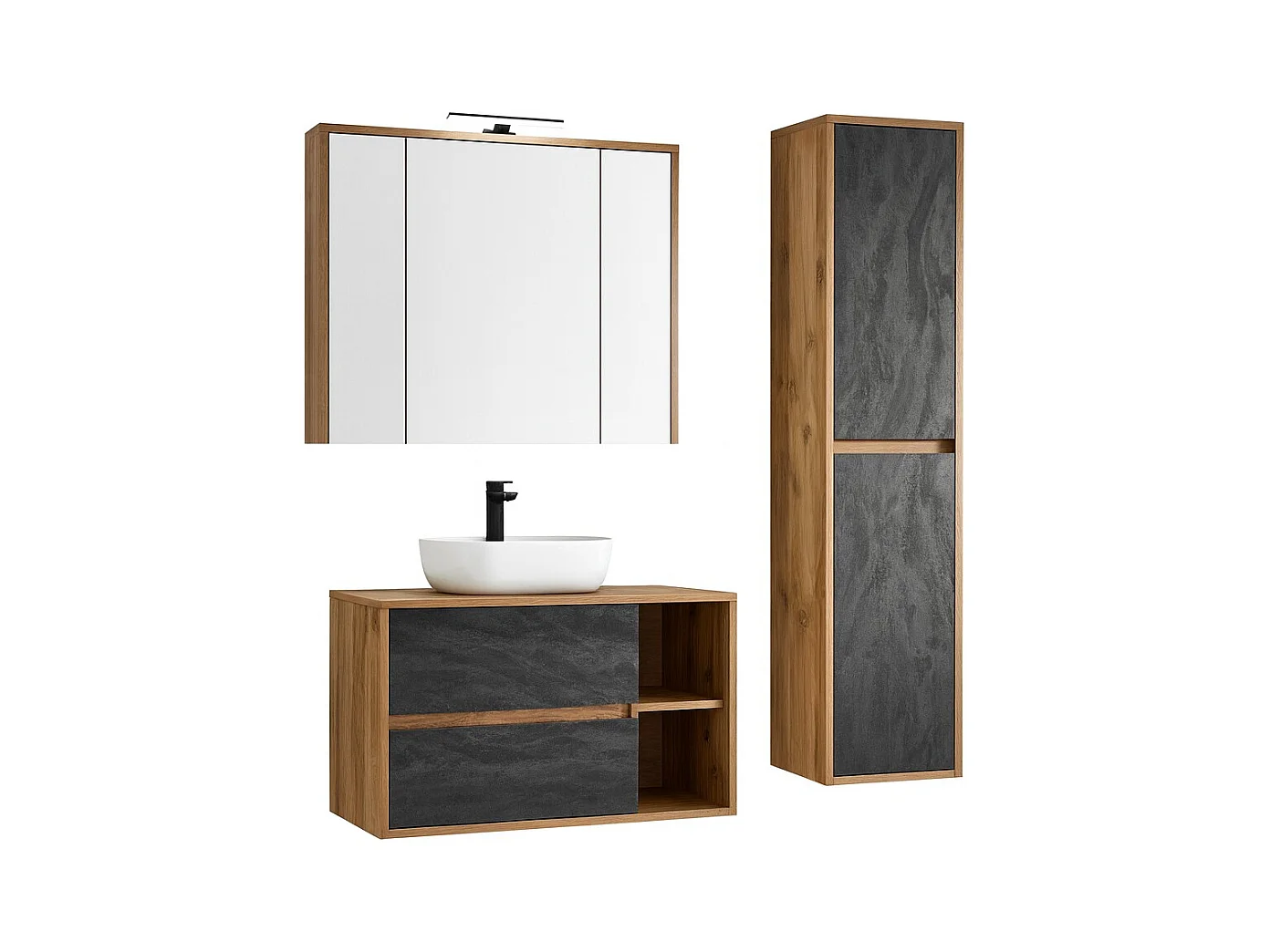 Conjunto para banheiro GABI – Móvel sob a pia de 100 cm + pia + armário com espelho LED + coluna