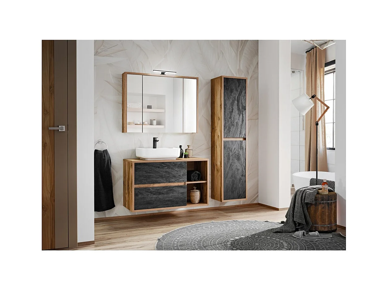 Ensemble de salle de bain GABI – Meuble sous vasque 100 cm + vasque + armoire miroir LED + colonne