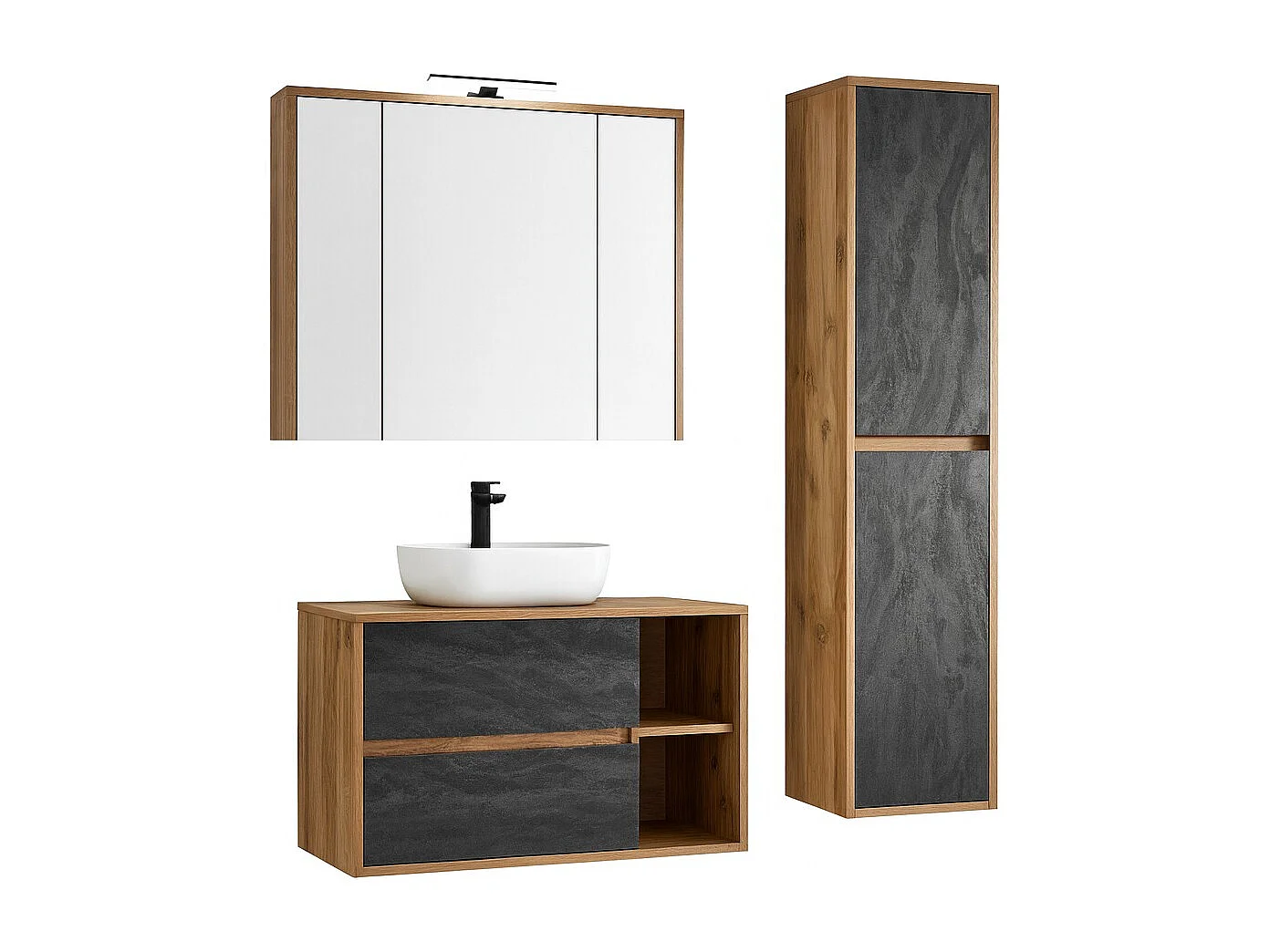 Conjunto para banheiro GABI – Móvel sob a pia de 100 cm + pia + armário com espelho LED + coluna