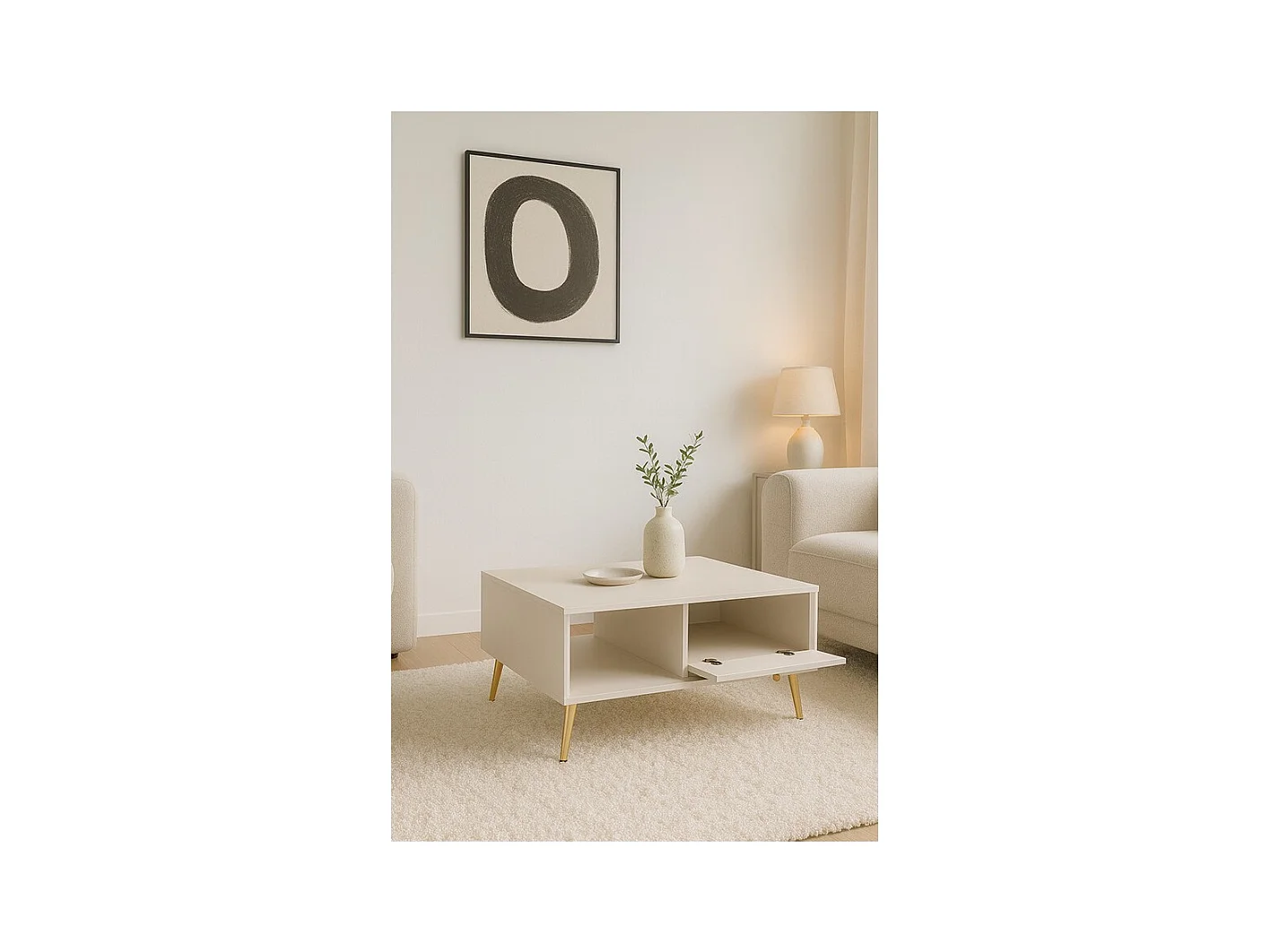 Mesa de centro diseño AZURÉA – 1 nicho + 1 puerta abatible – Color arena