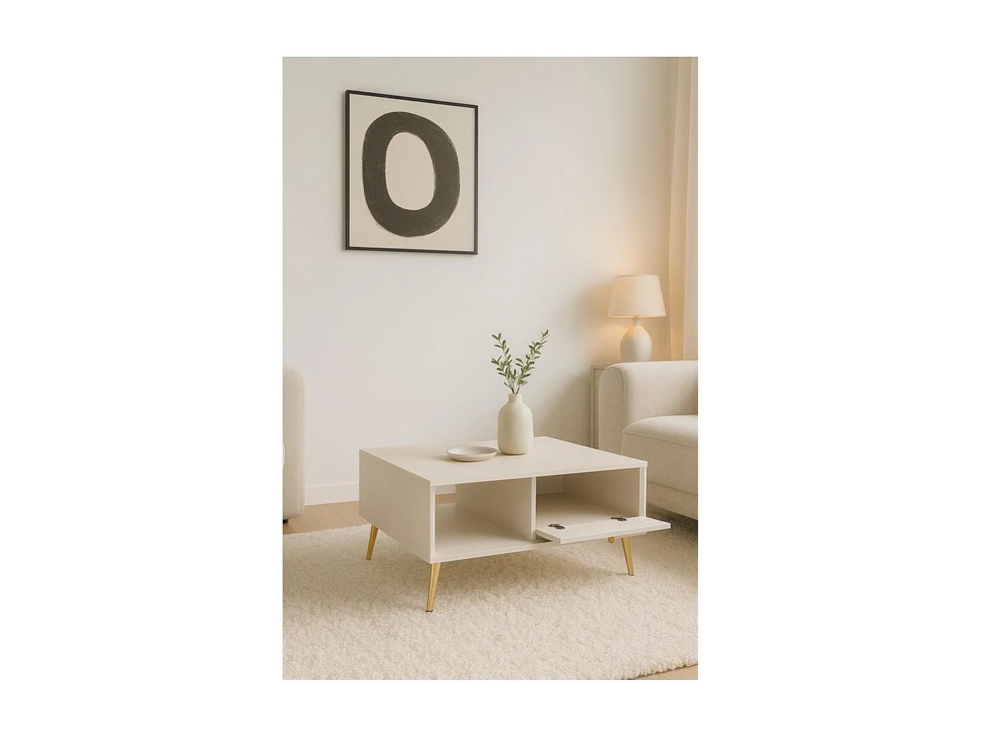 Mesa de centro diseño AZURÉA – 1 nicho + 1 puerta abatible – Color arena