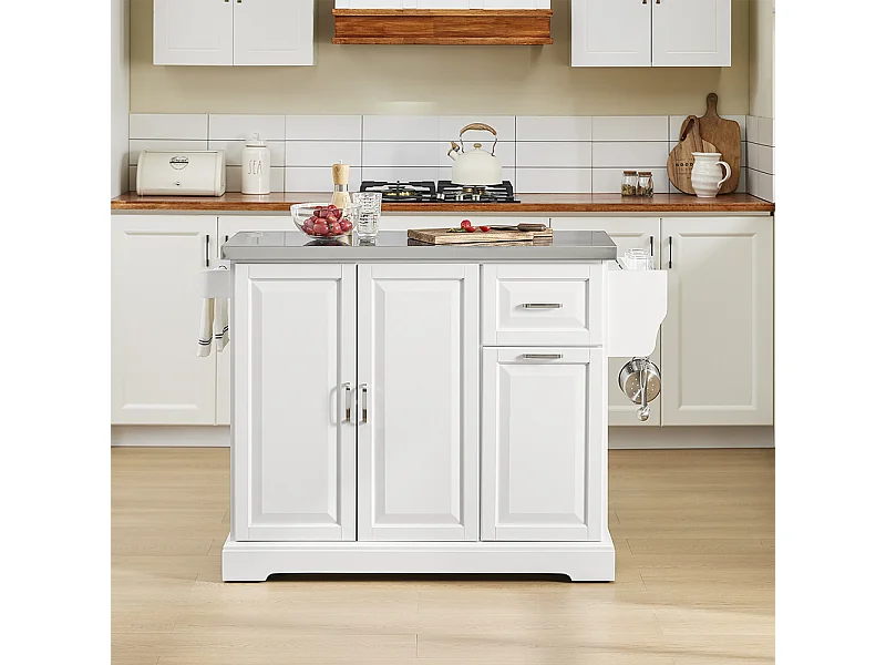 SoBuy Isola Cucina su Ruote con Piano Estendibile, Due Cassetti, Ripiano Regolabile, Salvaspazio, Bianco 130x46/71x91cm