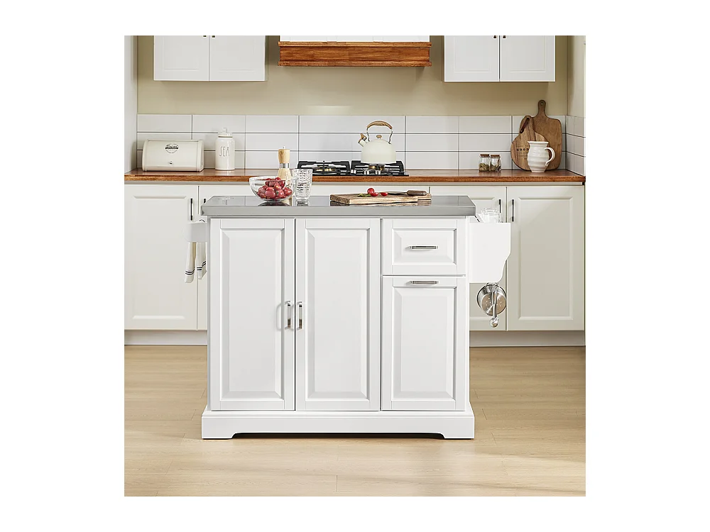 SoBuy îlot de cuisine sur roues avec plan extensible, deux tiroirs et étagère réglable, armoire peu encombrante, blanc 130 x 46/71 x 91cm
