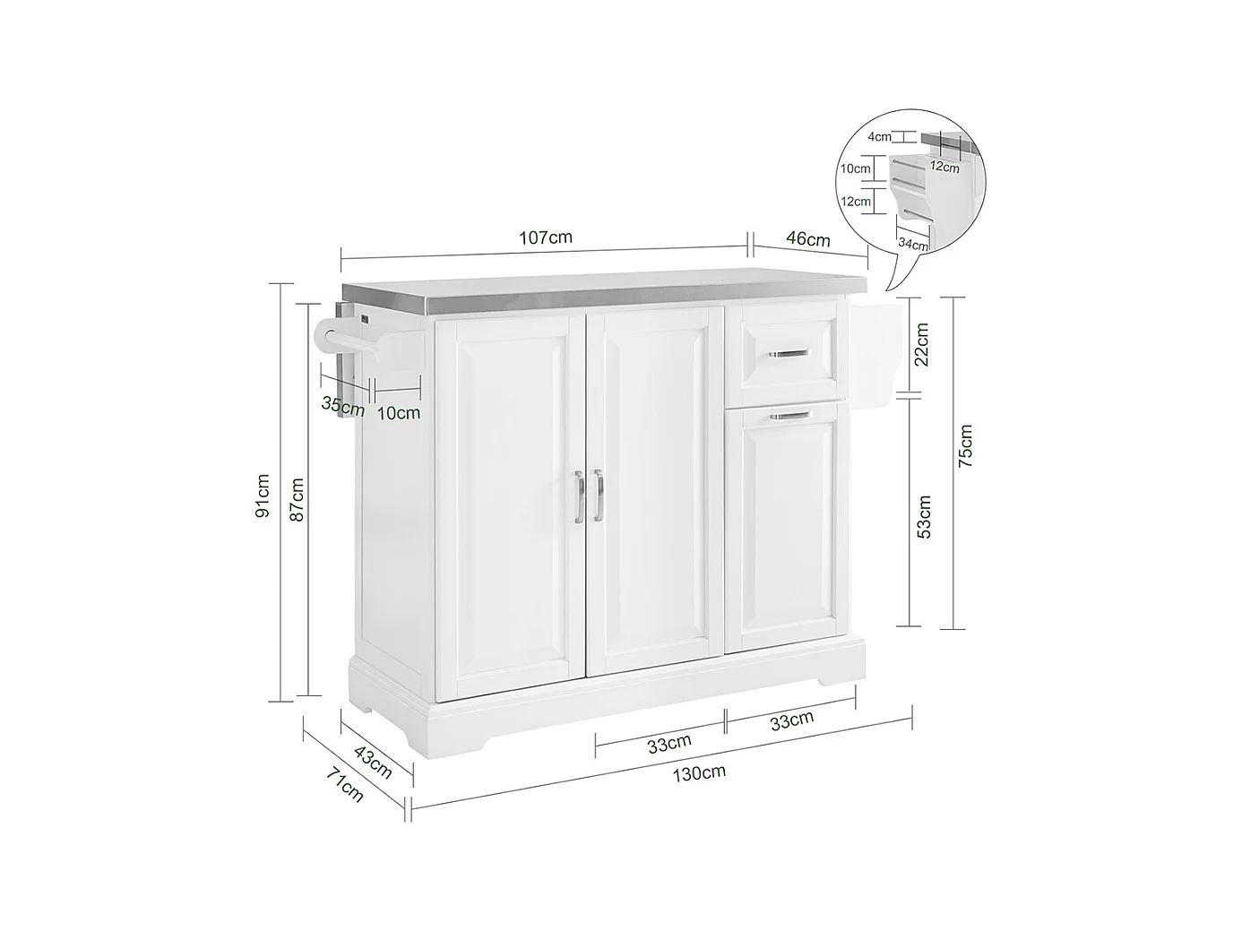 SoBuy îlot de cuisine sur roues avec plan extensible, deux tiroirs et étagère réglable, armoire peu encombrante, blanc 130 x 46/71 x 91cm