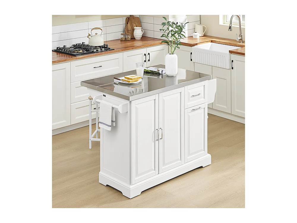SoBuy îlot de cuisine sur roues avec plan extensible, deux tiroirs et étagère réglable, armoire peu encombrante, blanc 130 x 46/71 x 91cm