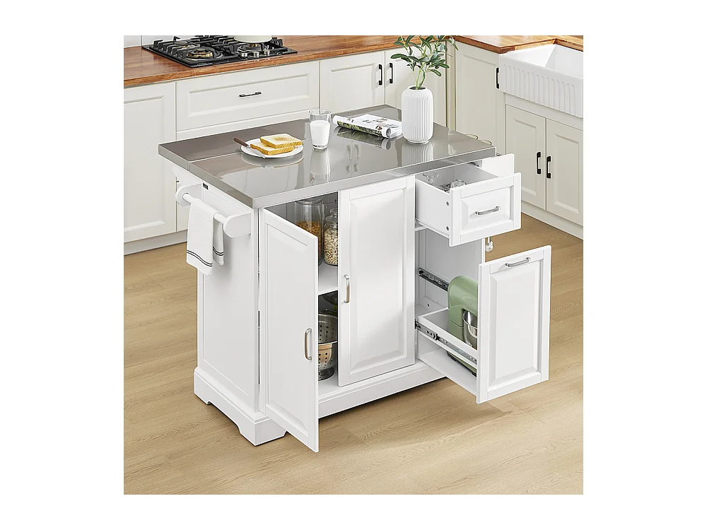 SoBuy îlot de cuisine sur roues avec plan extensible, deux tiroirs et étagère réglable, armoire peu encombrante, blanc 130 x 46/71 x 91cm